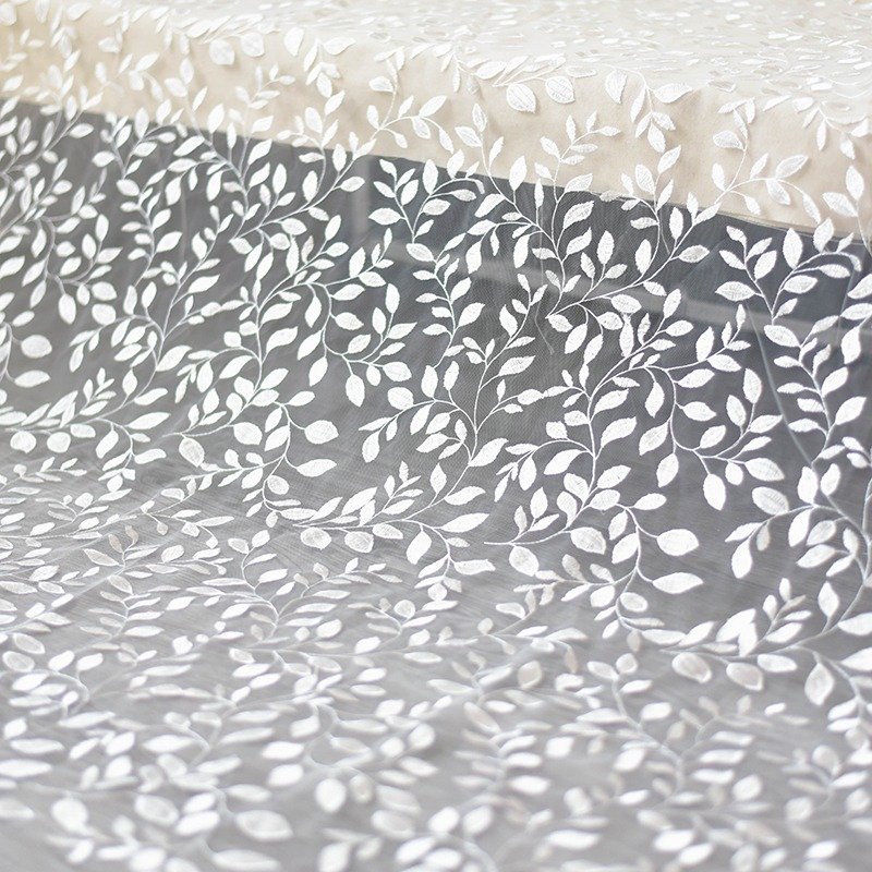 Detailed Border of White Leaf Embroidered Lace Fabric 1.3m Wide by the Meter
