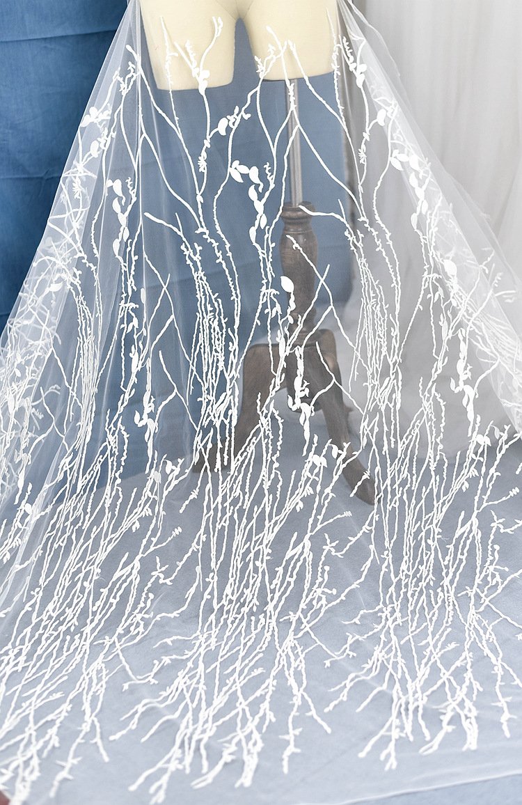 White branch embroidery lace trim fabric 1.3m wide for dresses and couture fashion