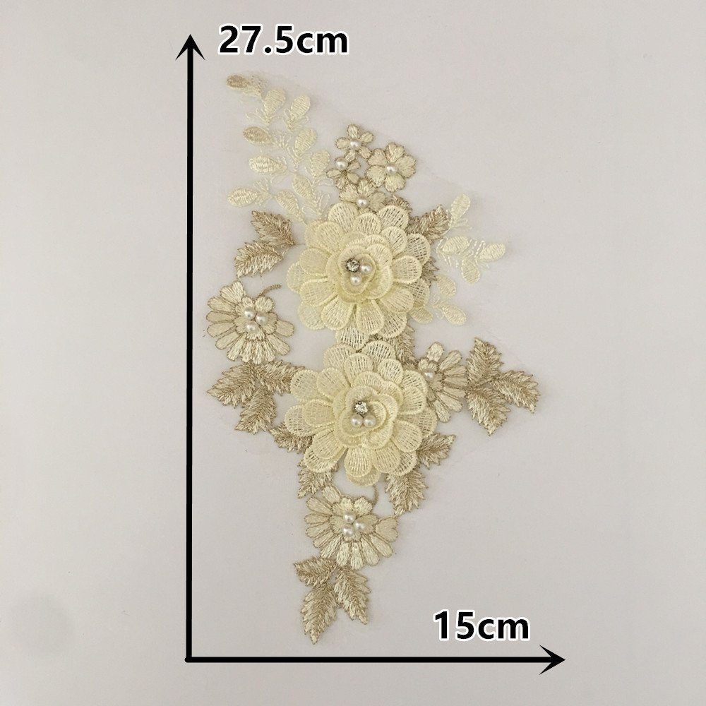 Champagne 3D floral lace appliqué patch 27x15cm handmade embellishment for wedding dresses and DIY crafts