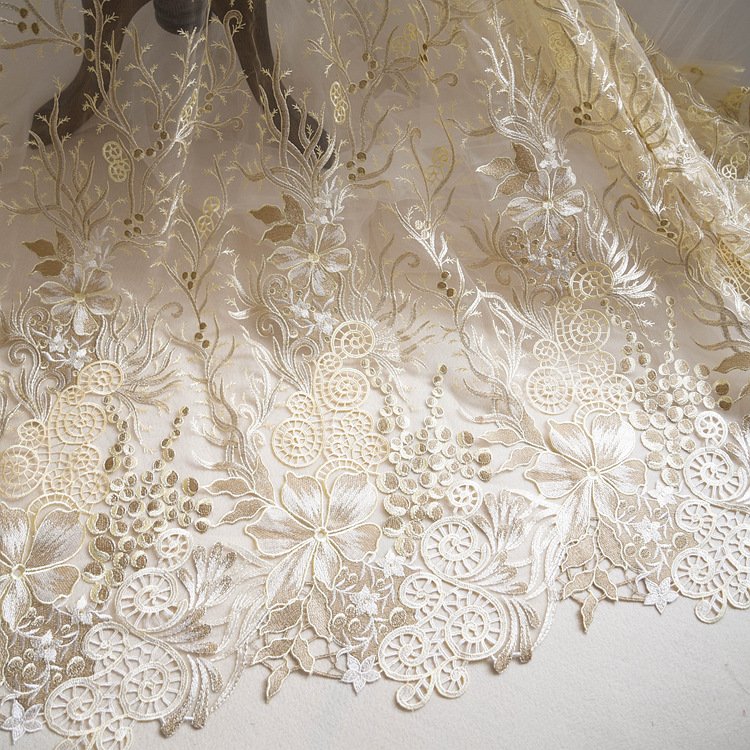 Champagne embroidered lace mesh fabric for wedding dress sewing