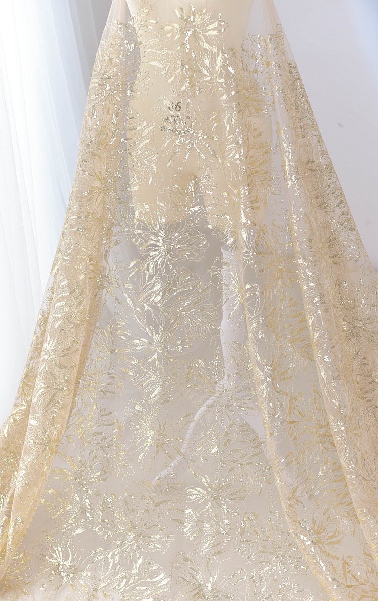 Champagne Sequin Embroidered Lace Fabric 1.3m Wide by Meter for Wedding Dress & Couture Projects