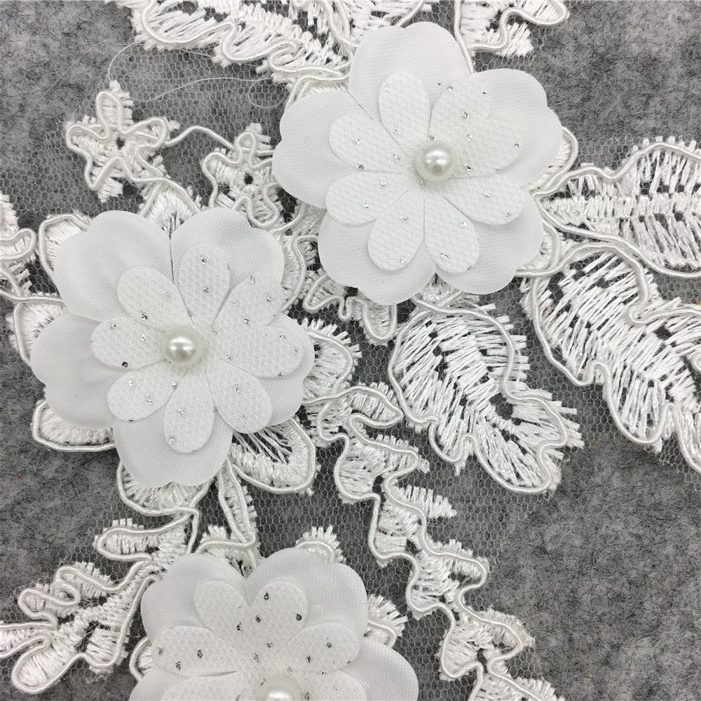 Close-up white flower lace embroidery appliqué patch for wedding dresses, veils, and crafts