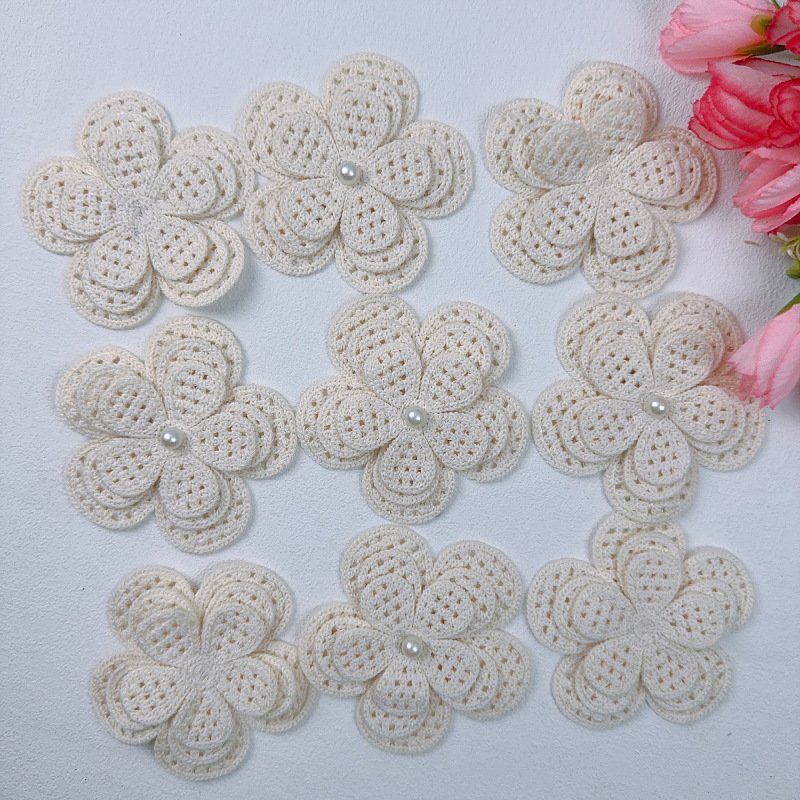 Set of crochet 3D flower appliqués for handmade crafts, jewelry, and clothing embellishment