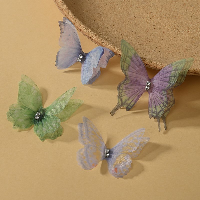 Double Layer Tulle Butterfly Appliques Green and Pink for Hair Clips, Dresses, and Handmade Projects