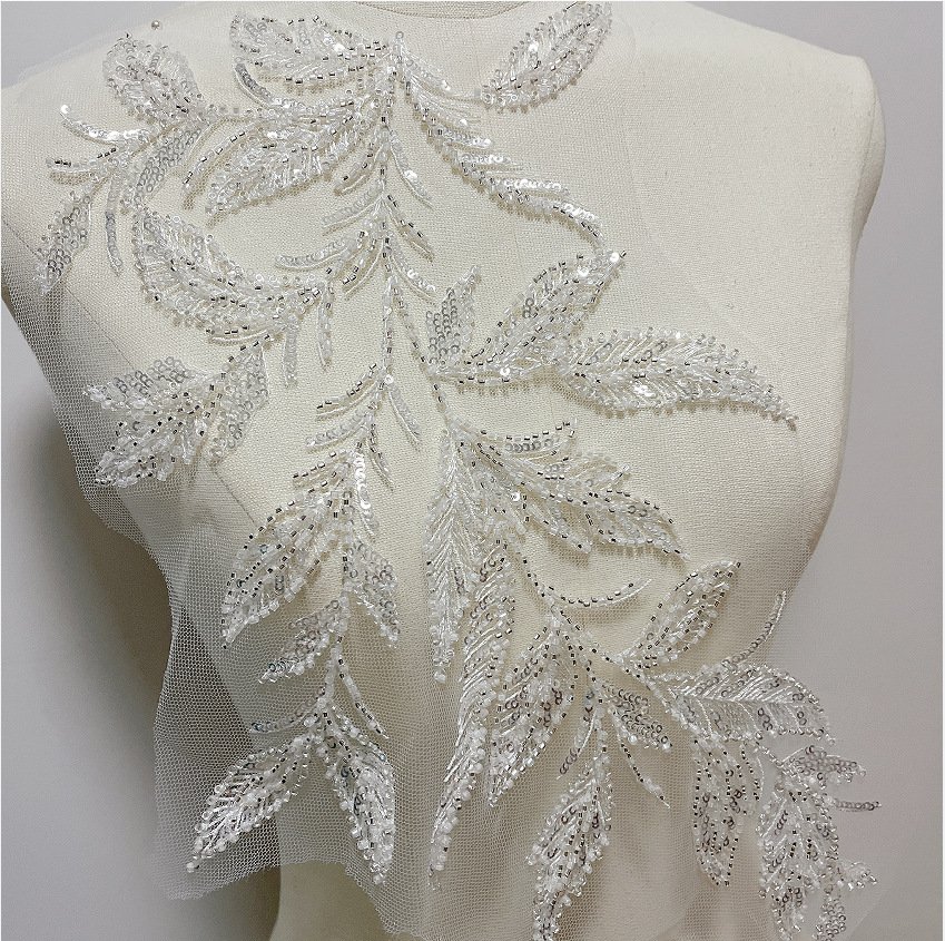Delicate floral lace embroidery applique beaded neckline patch for DIY bridal and party dresses