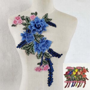 Blue rose lace embroidery applique floral patch for evening gown and fashion design