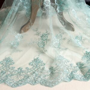 green Carbone Lace Embroidered Mesh Fabric, 1.3m Width for Luxury Dresses