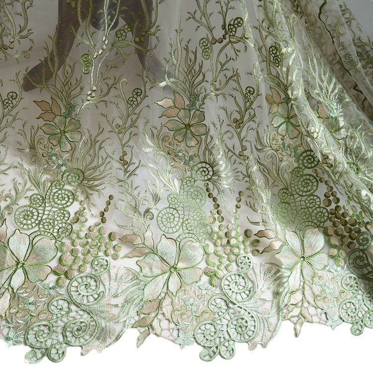 Green embroidered lace fabric by yard for gowns, dresses, and handmade crafts