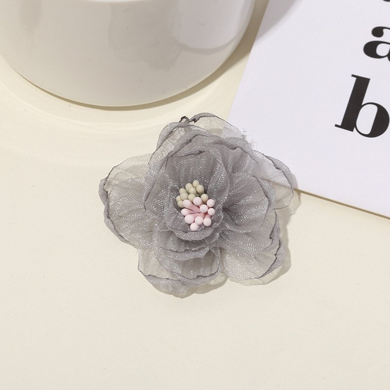 Grey Organza Burnt Edge 5cm Handmade Flower Patch with Pearl Beads for Wedding Dress and Accessories