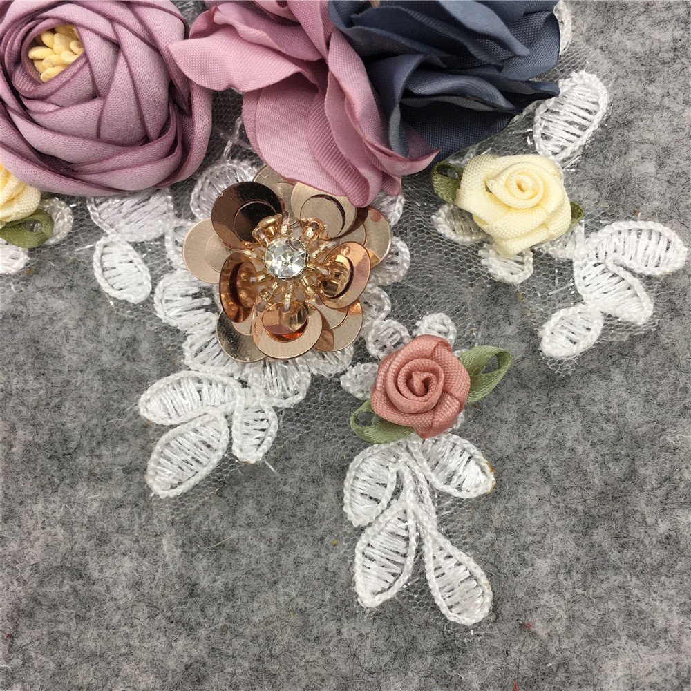 Handmade 3D floral sequin appliqué lace patch for clothing and accessories