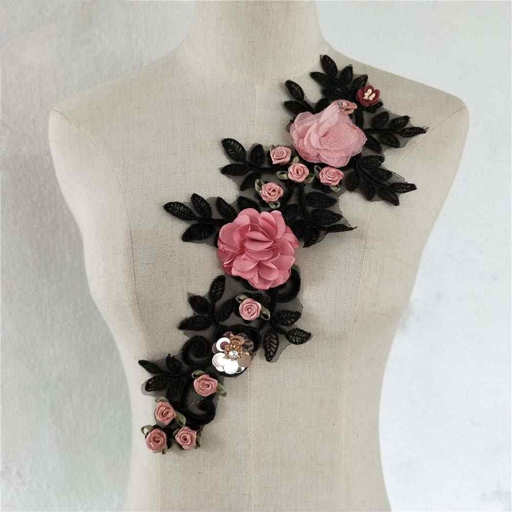 Handmade embroidered lace appliqué with pink roses for bridal dress and garment decoration