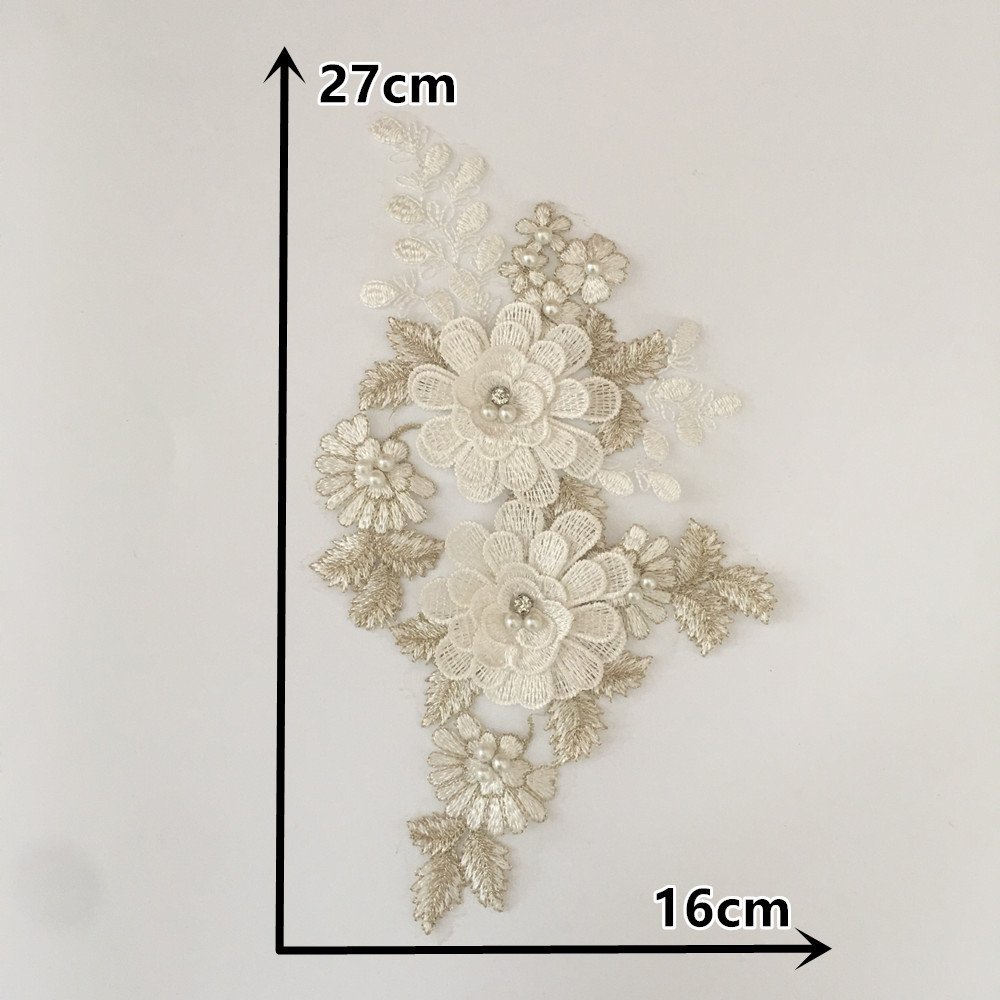 Ivory 3D floral hollow lace embroidery appliqué patch 27x16cm for bridal and couture gowns
