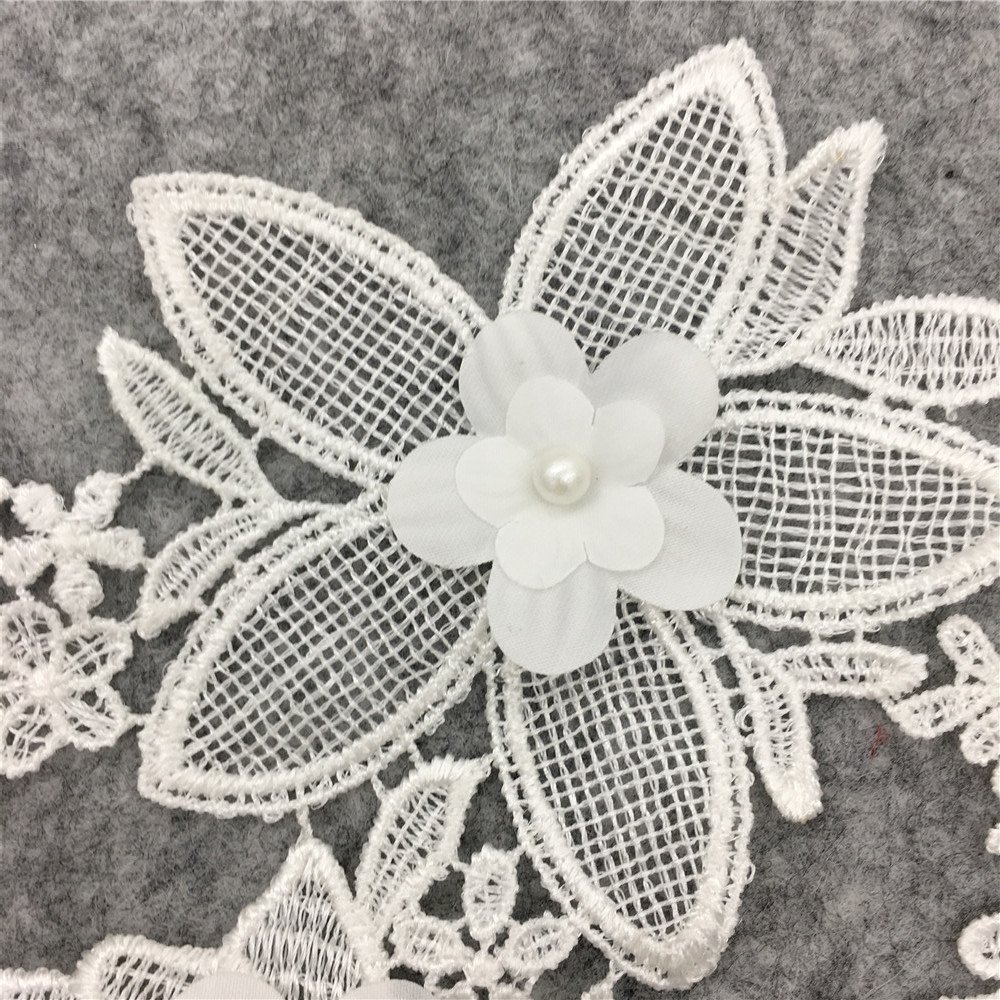 Lace floral water-soluble embroidery appliqué patch with pearl center for handmade sewing projects