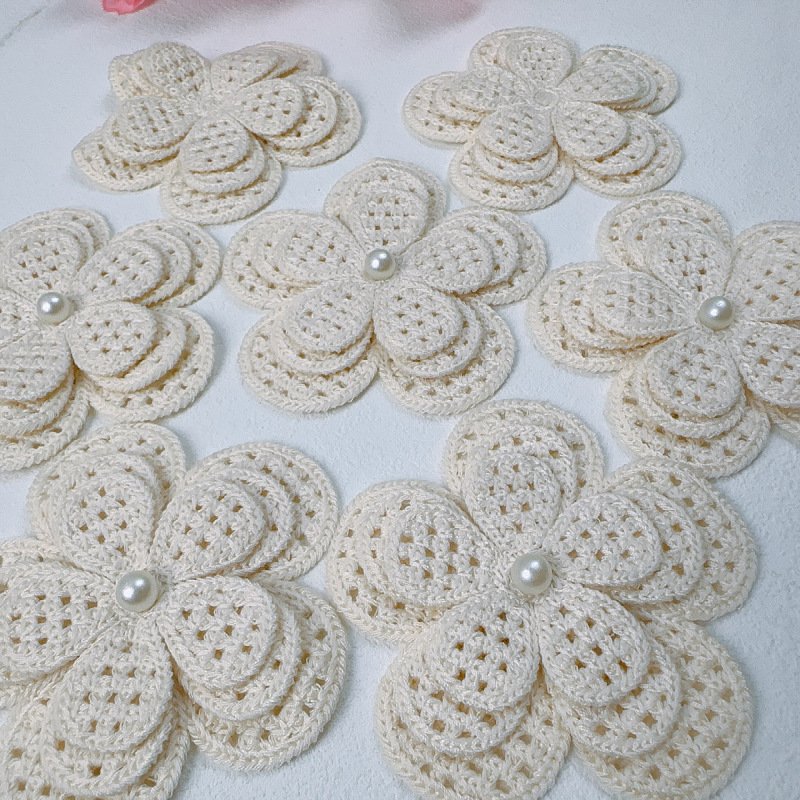 Layered cotton crochet flower appliqué patch with pearl center for sewing and DIY projects