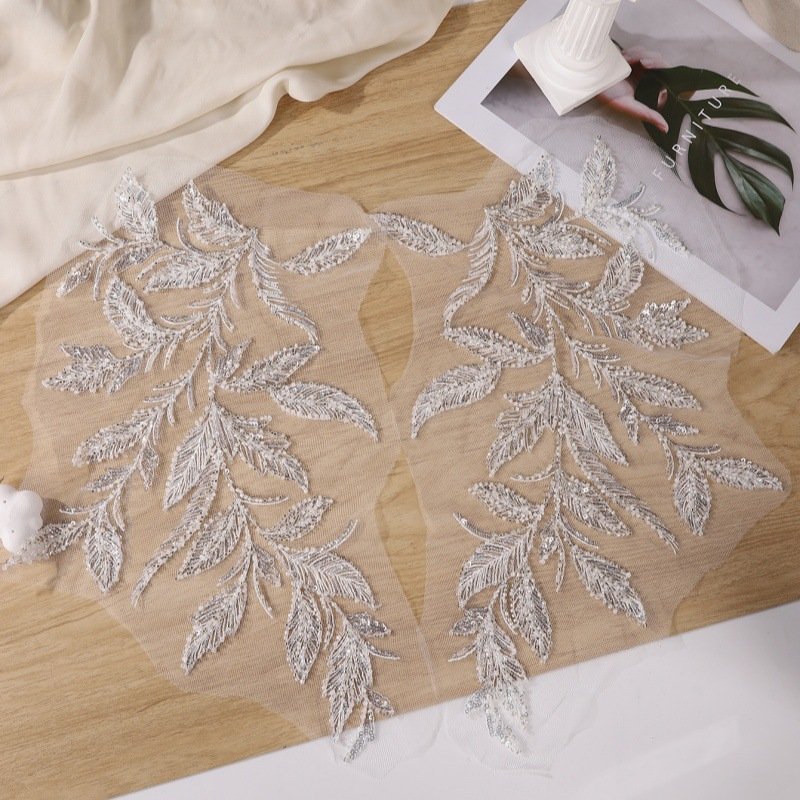 Luxury lace applique with leaf pattern embroidery and beads for wedding dress and DIY fashion sewing