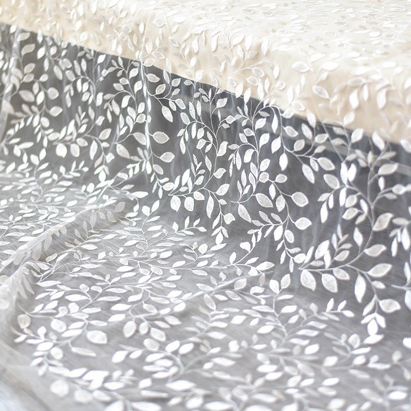 Leafy Lace Fabric with White Branch Embroidery for Fashion, Curtains and DIY Crafts