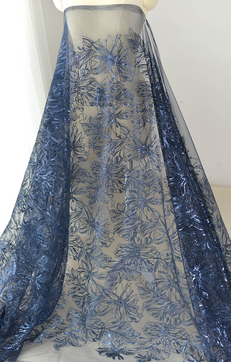 Long Drape Navy Blue Gold Thread Sequin Lace Fabric 1.3m Wide by Meter for Luxury Couture & Stage Fashion