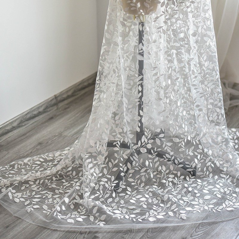 Luxury White Leaf Pattern Lace Fabric 1.3m Wide for Wedding Gowns and Veils