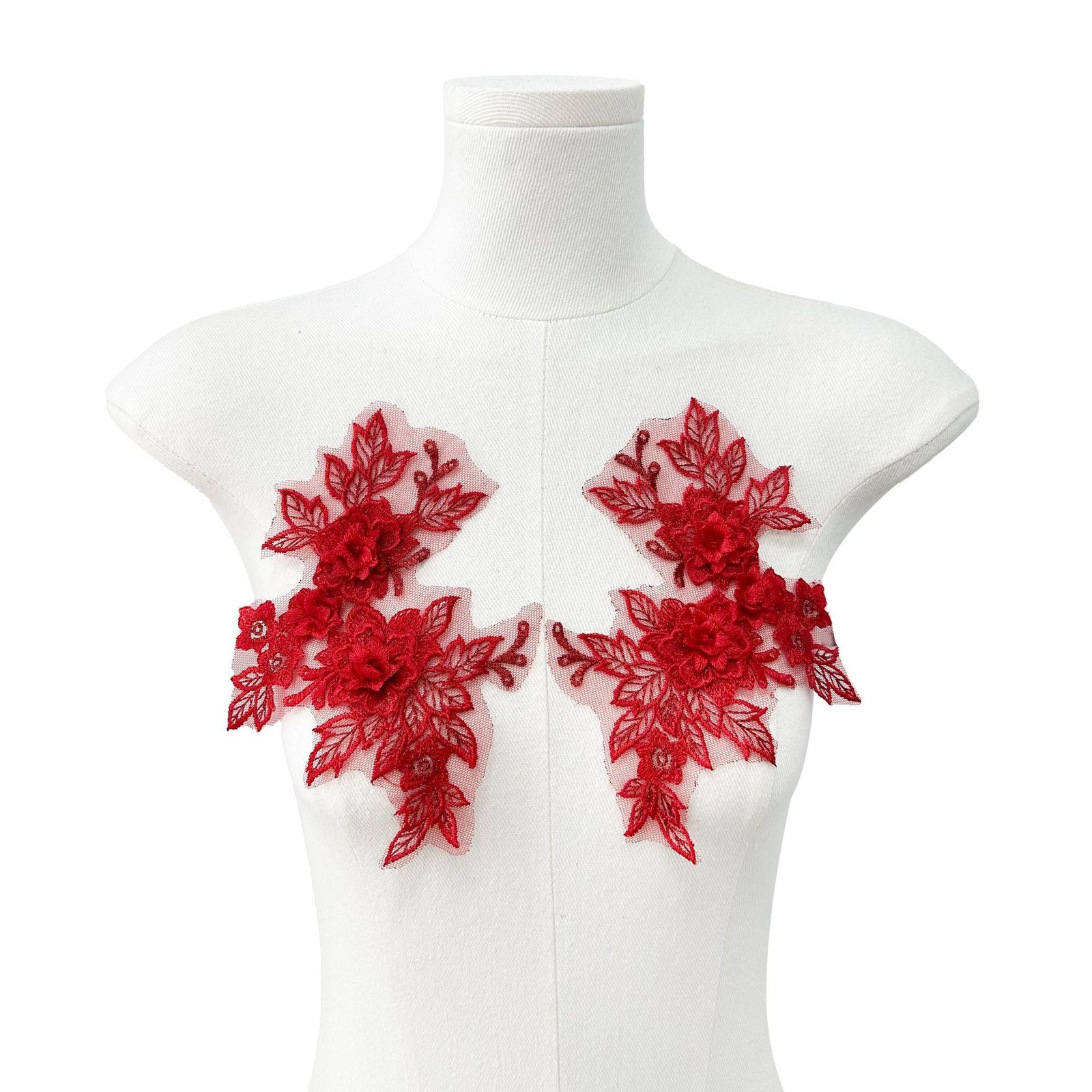 Red mesh embroidery applique floral lace patches for neckline decoration on dresses and wedding gowns