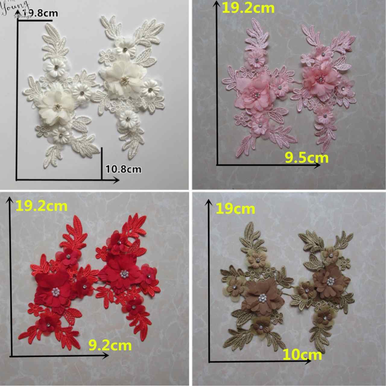 Collection of 3D hollow embroidery appliques in red, pink, white and brown for dresses and sewing projects