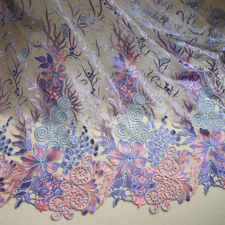 Multicolor embroidered lace fabric by yard for creative couture and DIY crafts