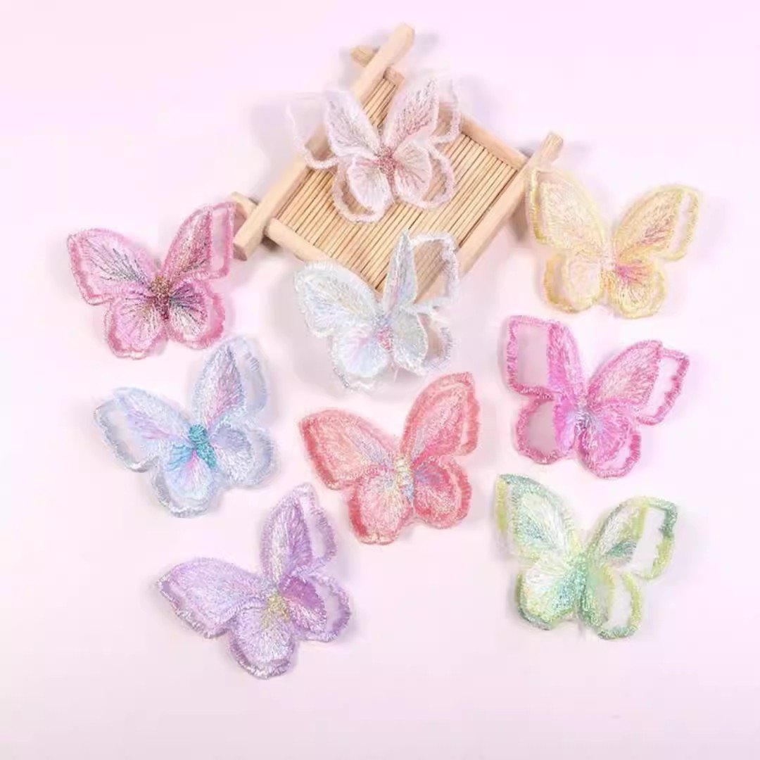 Multicolor Iridescent Organza Butterfly Applique Set Double Layer Embroidered for Handmade Accessories