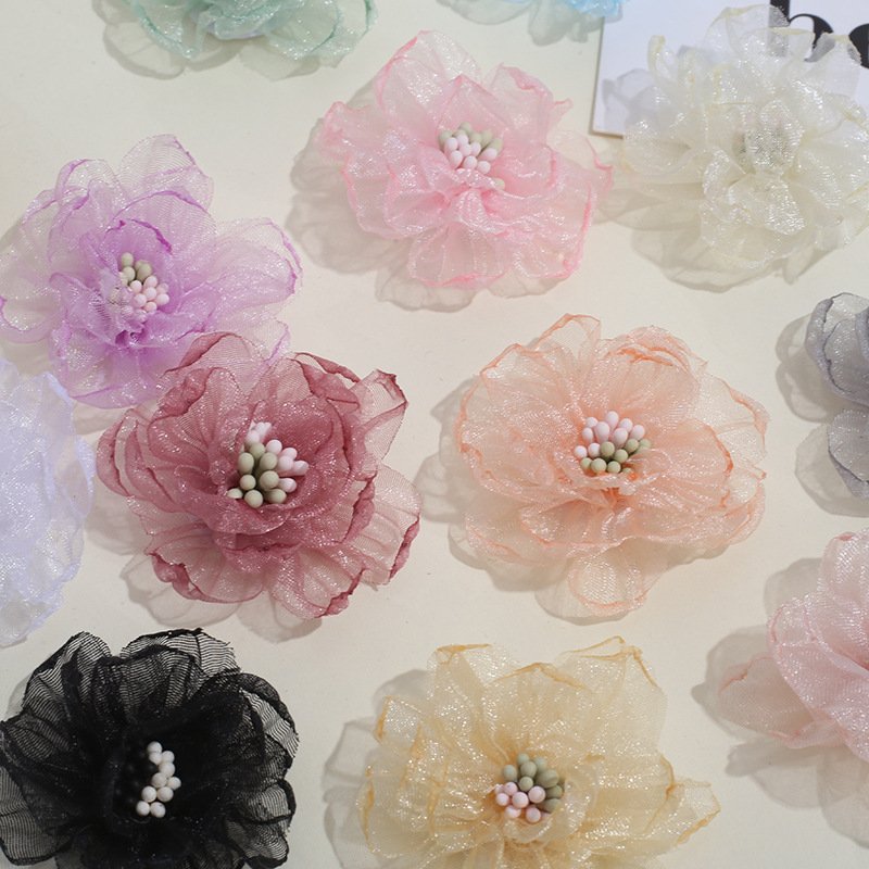 Organza Burnt Edge 5cm Fabric Flowers with Pearl Beads – DIY Sewing and Handmade Accessories