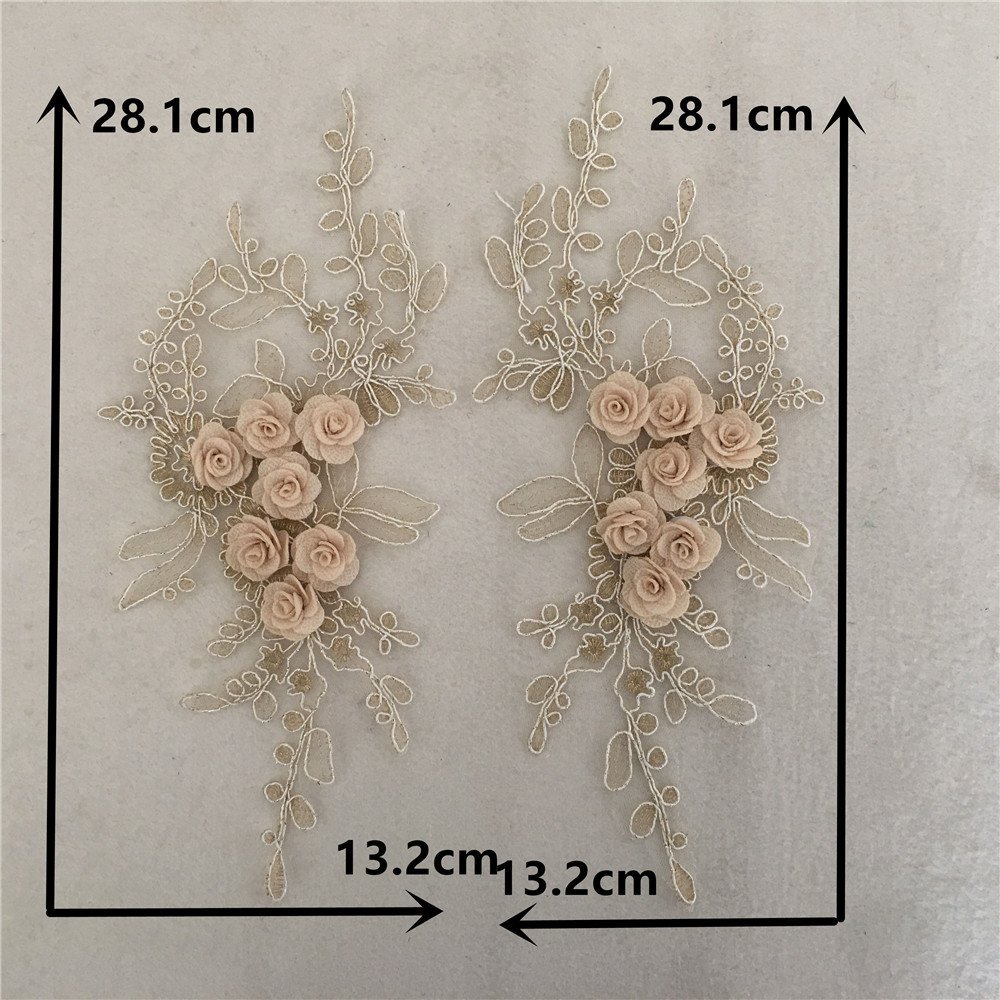 Pair of Ivory 3D Floral Lace Appliqués for DIY Wedding Dress and Evening Gowns