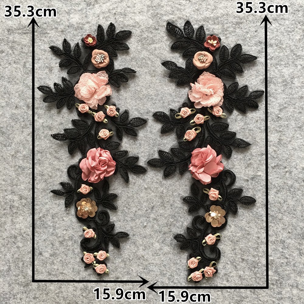 Pair of 3D rose flower lace appliqués for couture gowns, jackets, stage costumes, and crafts