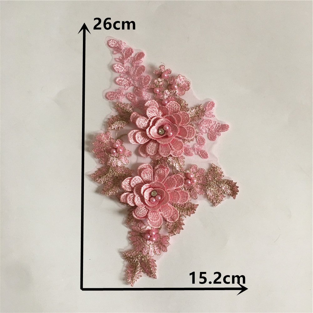 Pink 3D floral lace embroidery appliqué patch handmade embellishment for bridal wear and abayas