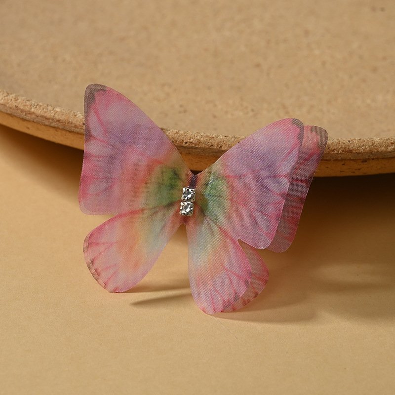 Pink Double Layer Tulle Butterfly Applique Patch with Rhinestone Center for DIY Sewing