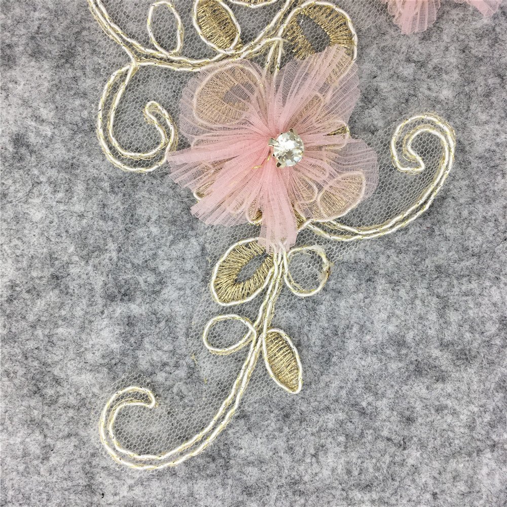 Pink mesh flower 3D embroidery applique with lace vines for bridal gowns and handmade sewing projects