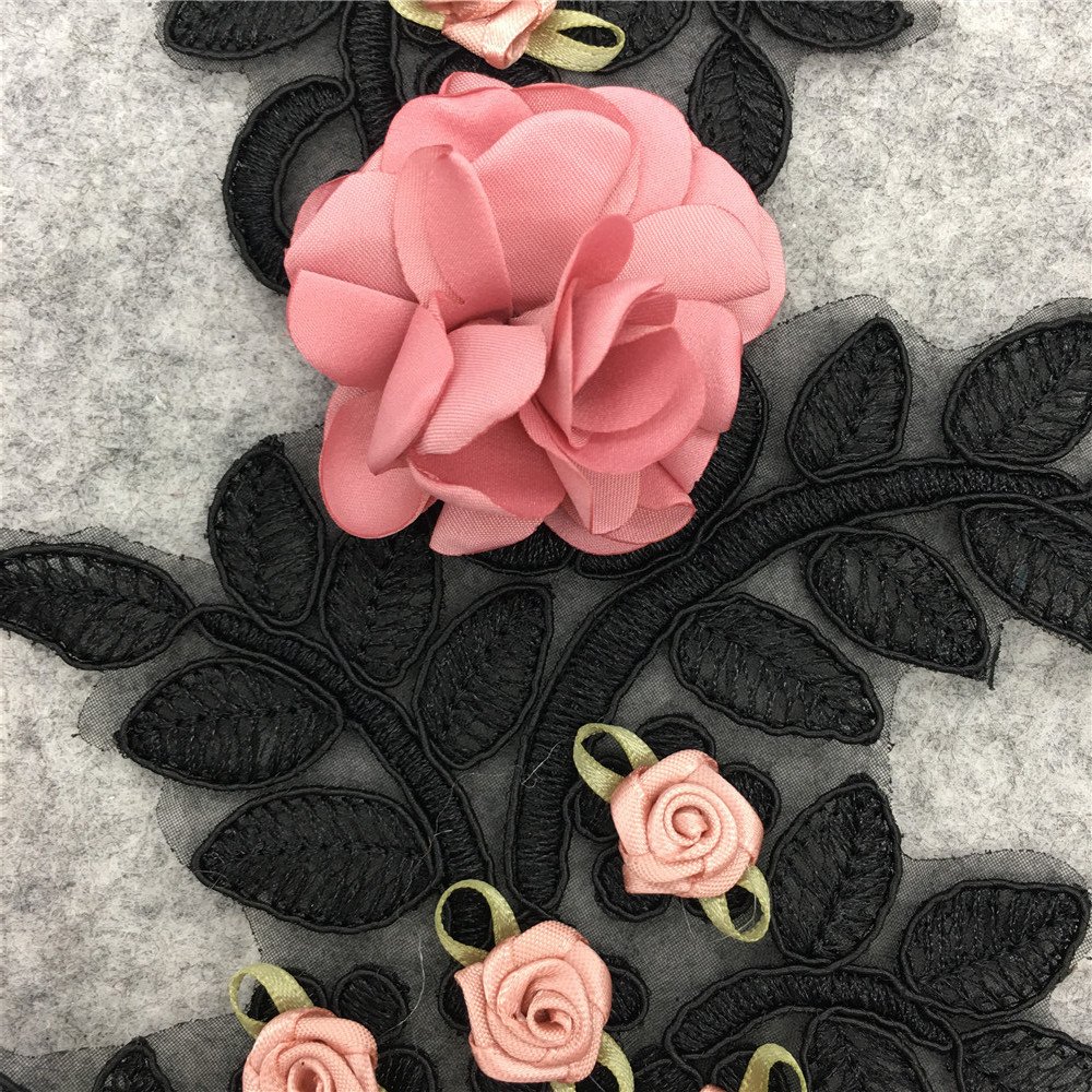 Pink rose lace embroidered appliqué detail for couture, fashion, and handmade crafts