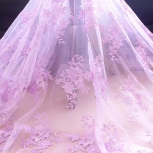 Purple Embroidered Lace Fabric with Floral Trim for Wedding Dress, Evening Gowns and DIY Sewing