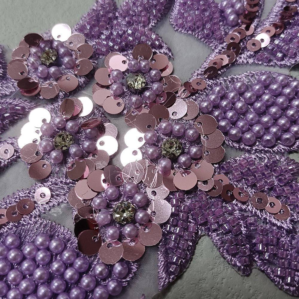Purple mesh sequin beaded appliqué embroidery patch for clothing, evening wear and bags