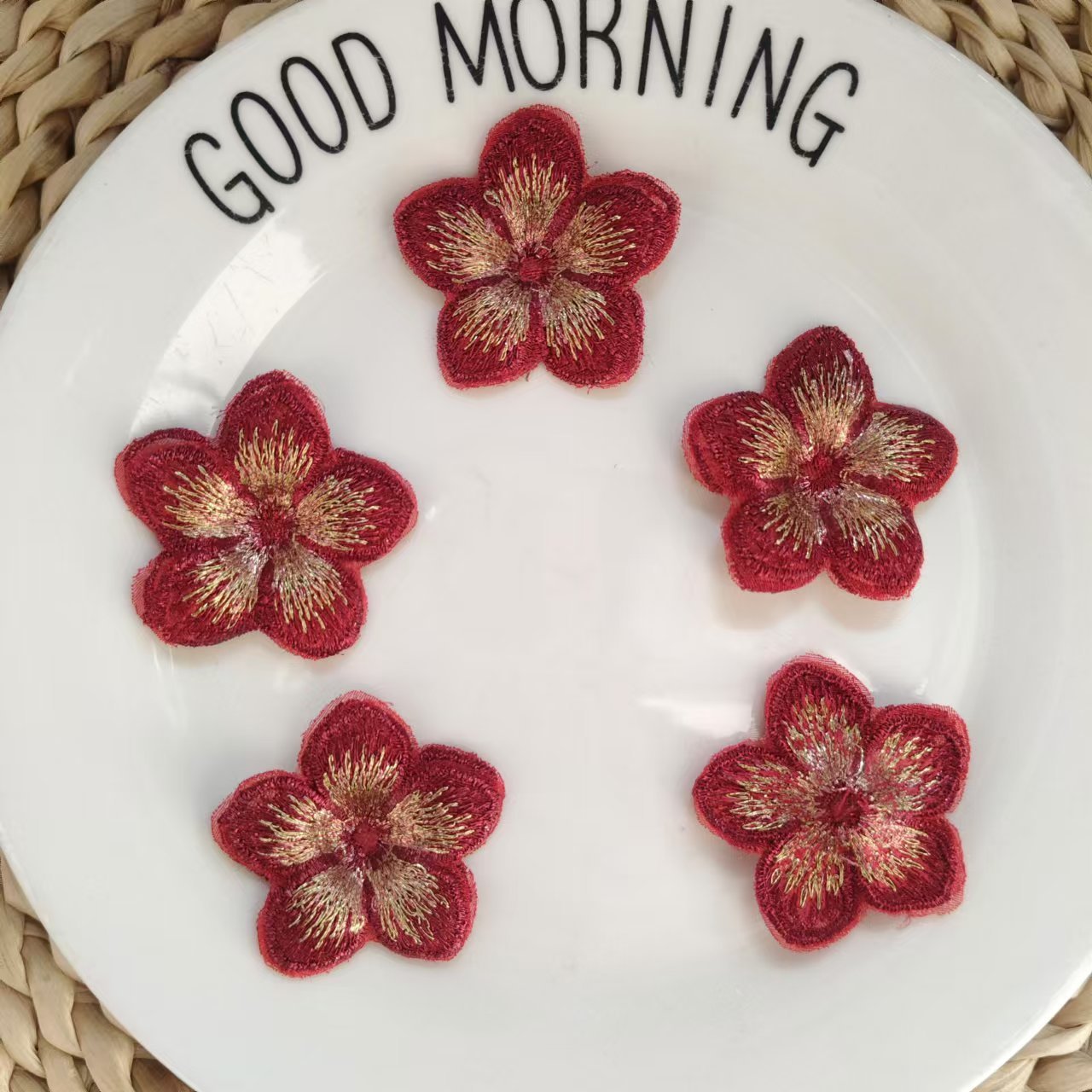 Red Embroidery Lace Five Petal Flower Appliques for Dresses, Evening Gowns, and DIY Crafts