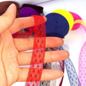 close up red lace fabric trim 1.5cm width, delicate lace edging for handmade clothing and DIY fashion projects