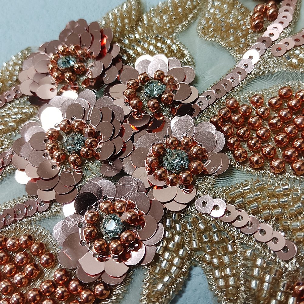 Rose gold floral rhinestone lace appliqué handmade beaded patch for dresses and bridal fashion