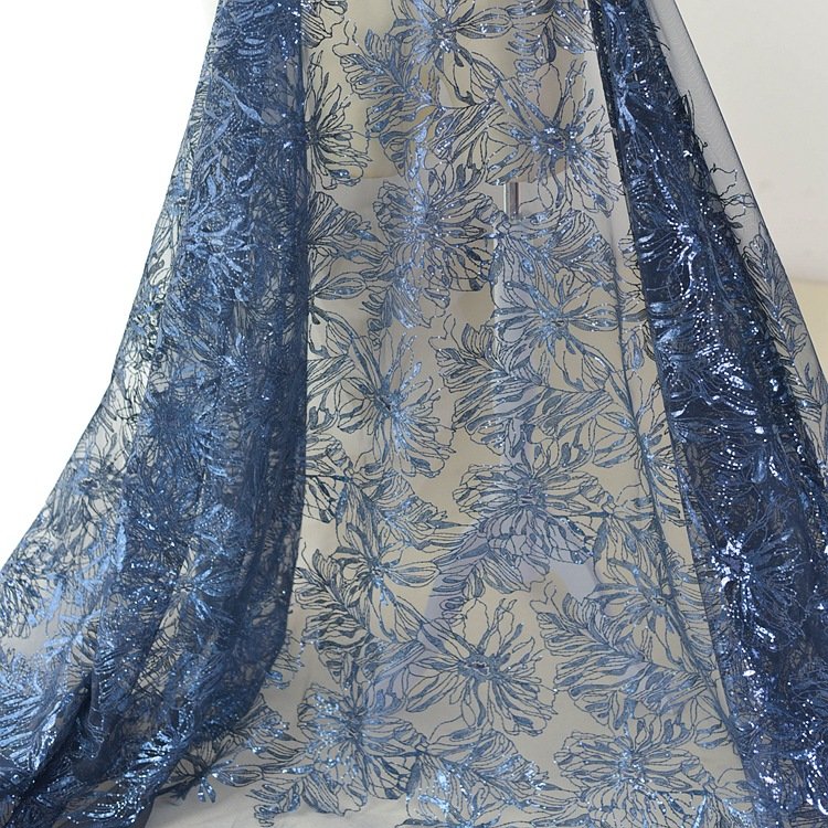 Royal Blue Gold Thread Embroidered Lace Fabric with Sequins 1.3m Wide for Haute Couture Fashion