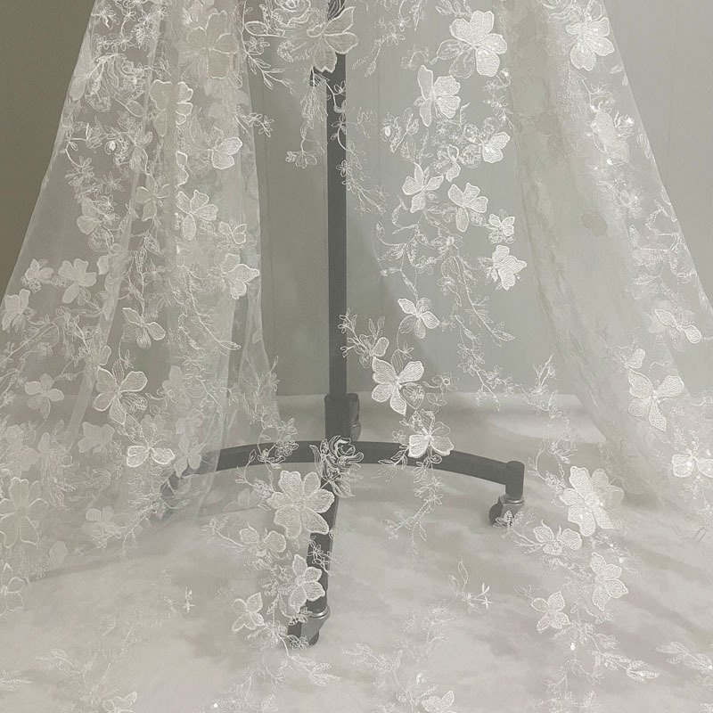 Sequin embroidered tulle lace fabric 120-130cm wide for bridal gowns and couture sewing