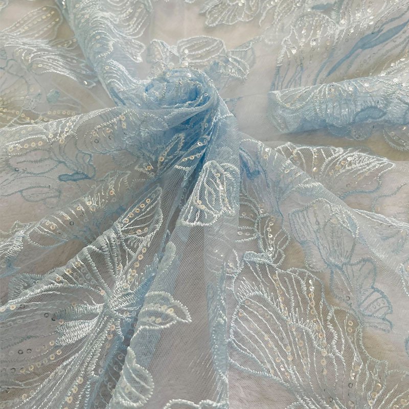 Sequin embroidered tulle lace fabric with floral pattern for dresses and gowns