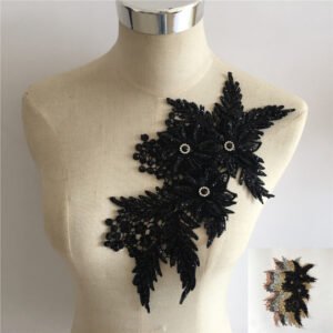 Black floral sequin embroidery applique lace patch for gowns and DIY sewing projects