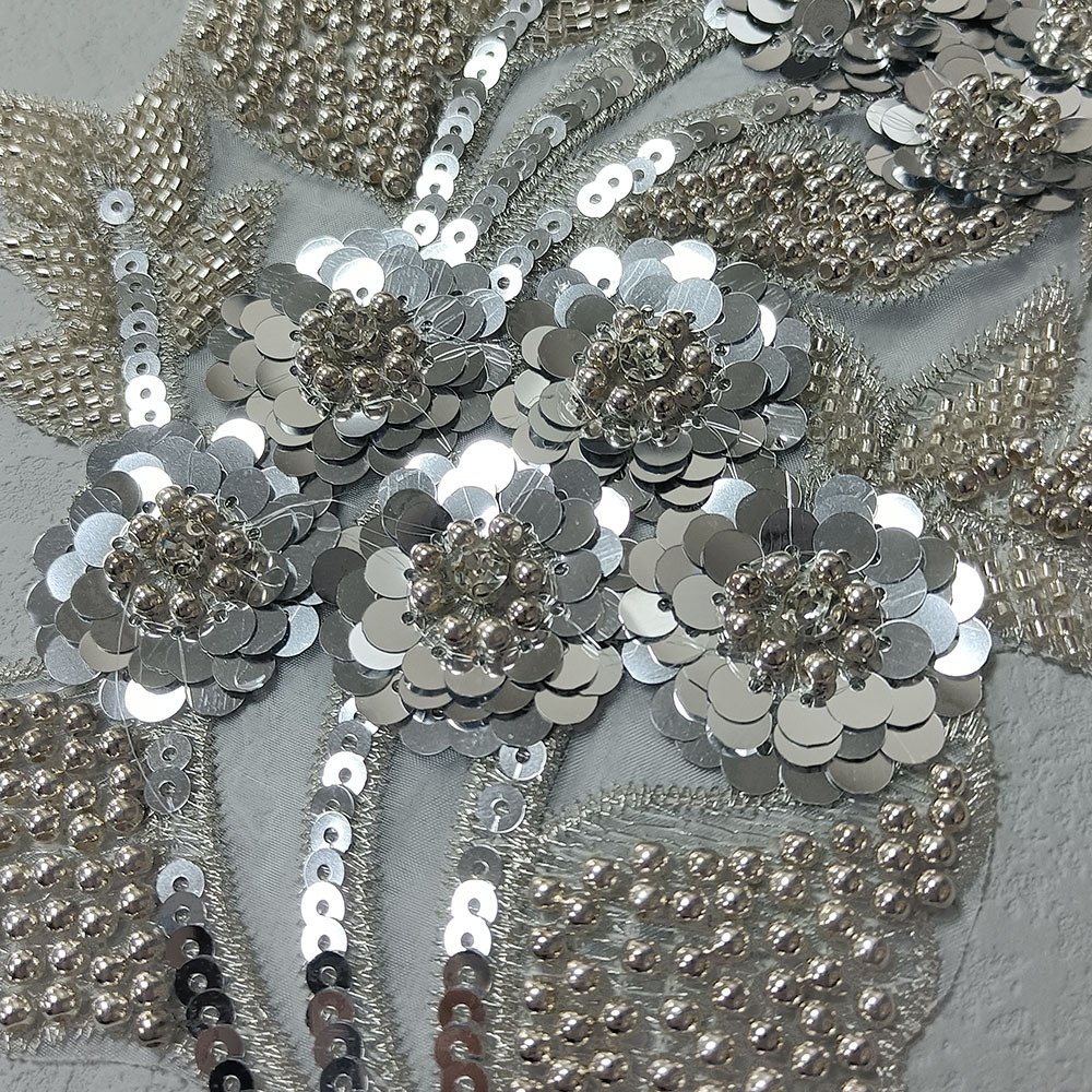 Silver mesh sequin embroidery appliqué rhinestone beaded patch for couture dresses and gowns