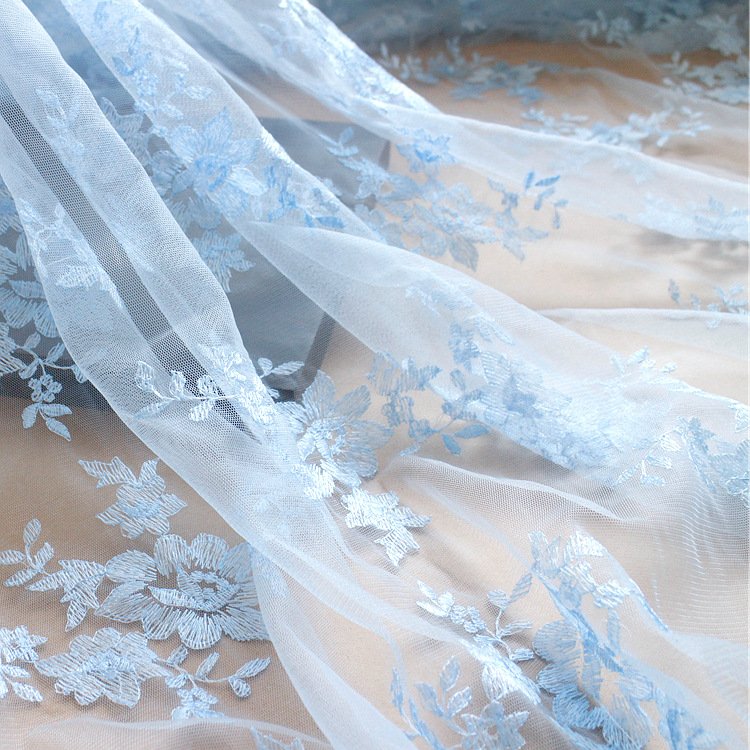 Sky Blue Floral Embroidered Lace Fabric for Evening Dress, Veils and DIY Fashion