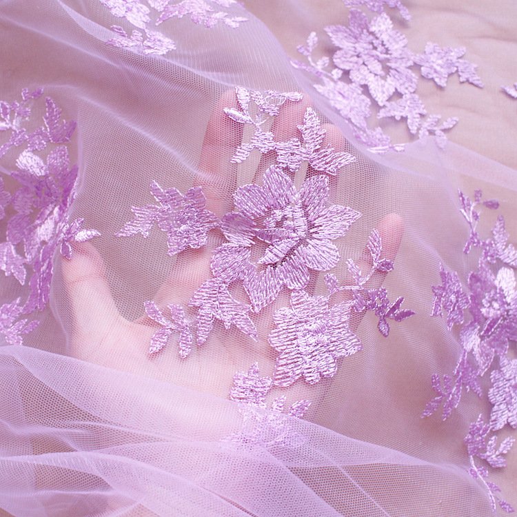 Violet Embroidered Lace Fabric with Floral Pattern for Handmade Dresses, Scarves and Accessories
