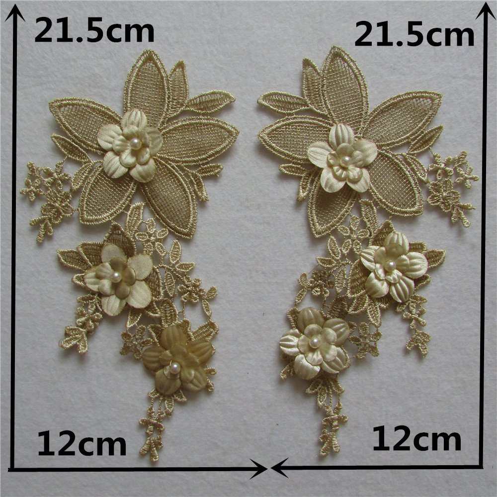 Water-soluble embroidered floral appliqué patch gold pair for wedding dresses and DIY crafts