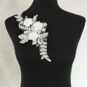 White 3D floral embroidered lace appliqué with pearls for bridal gowns and DIY dress decoration