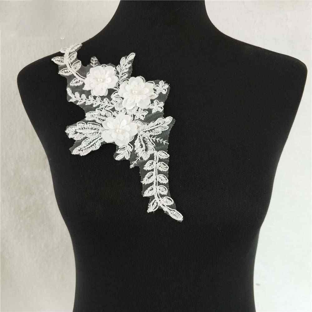 White 3D floral embroidered lace appliqué with pearls for bridal gowns and DIY dress decoration