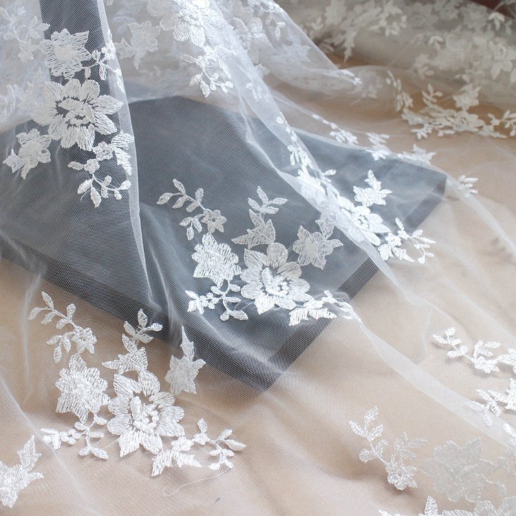 White Floral Embroidered Lace Fabric for Dresses, Costumes and DIY Crafts