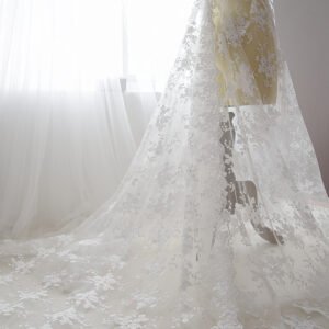 White floral embroidery lace fabric for bridal dress and evening gown design